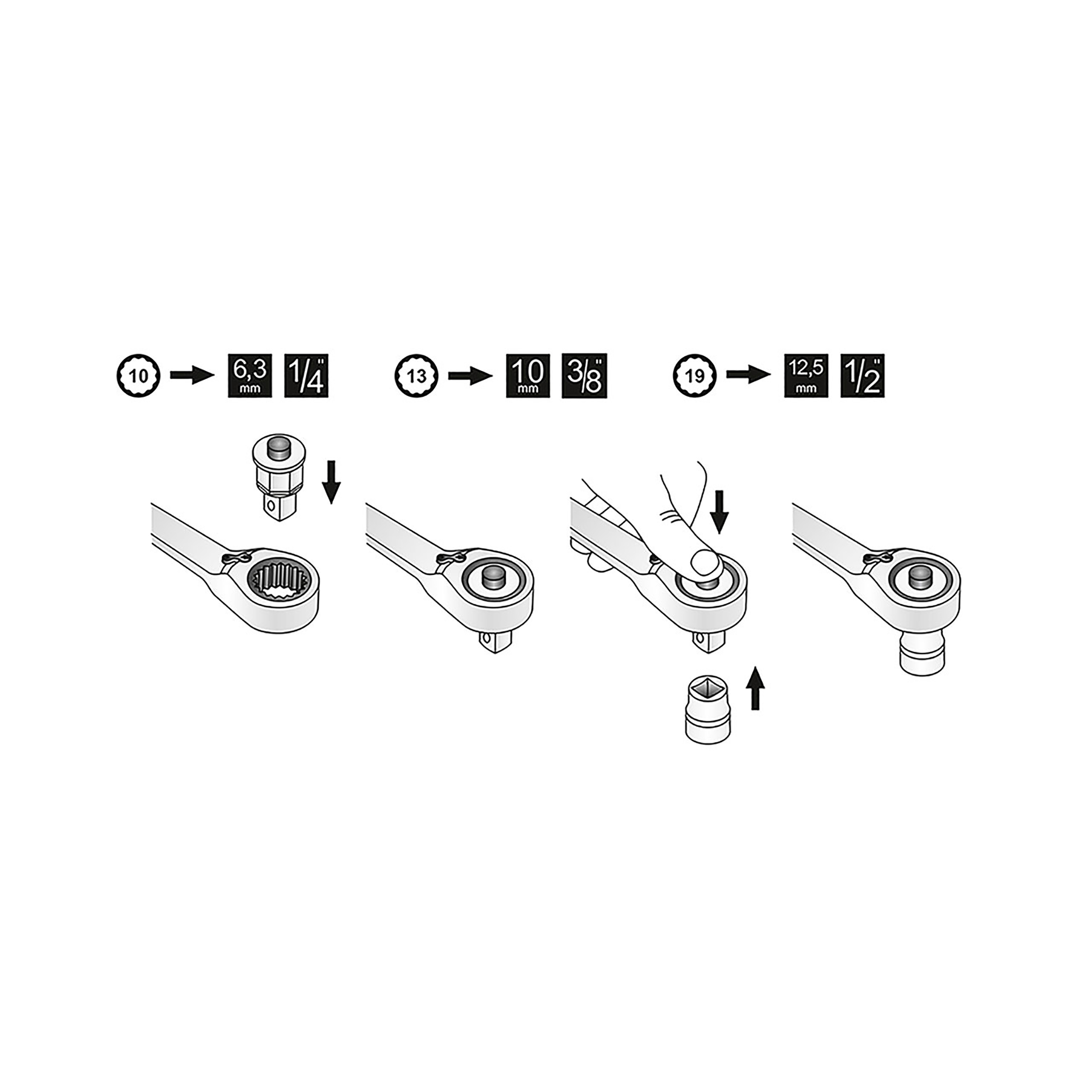 Adapter für Knarrenschlüssel, 4-tlg., 1/4"-3/8"-1/2" + Bit, MATADOR Art.-Code: 01860010
