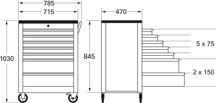 Außenmaße: 1030 (H) x 785 (B) x 470 (T).