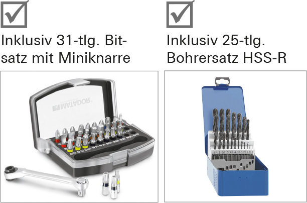 Inklusiv 31-tlg. Bitsatz mit Miniknarre und 25-tlg. Bohrersatz HSS-R.