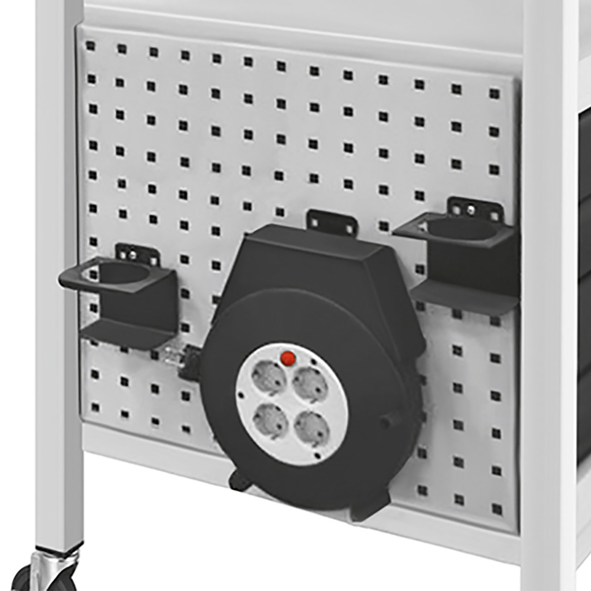 Cable drum with perforated wall hanger