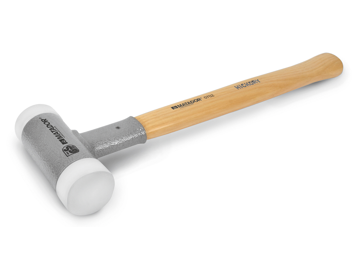 Schonhammer mit Hickory-Stiel und leicht austauschbaren Nylon-Köpfen.